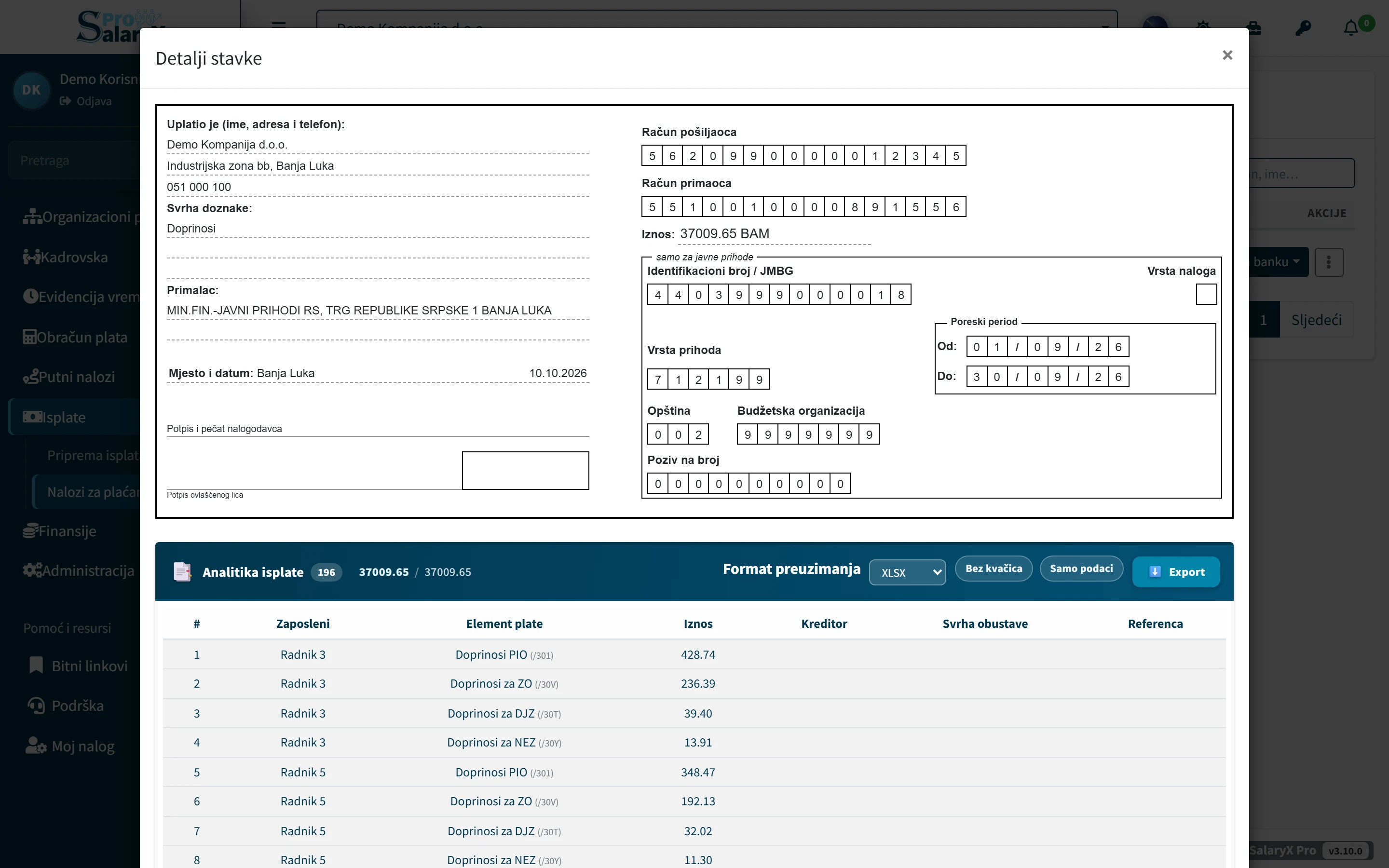 SalaryX Pro — nalog za plaćanje doprinosa (uplatnica za javne prihode) i analitika isplate po radnicima