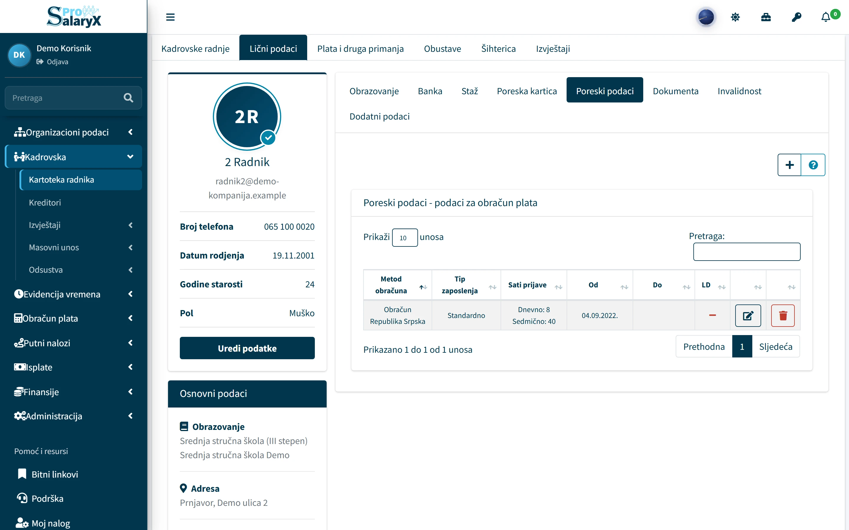 SalaryX Pro — kartoteka radnika: profil radnika sa karticom Poreski podaci i metodom obračuna za Republiku Srpsku