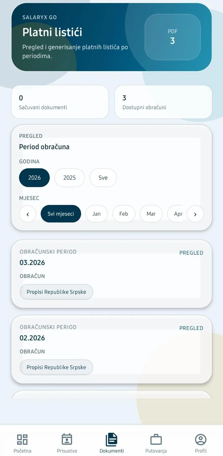 SalaryX Go — platni listići po obračunskim periodima, sa izborom godine i mjeseca